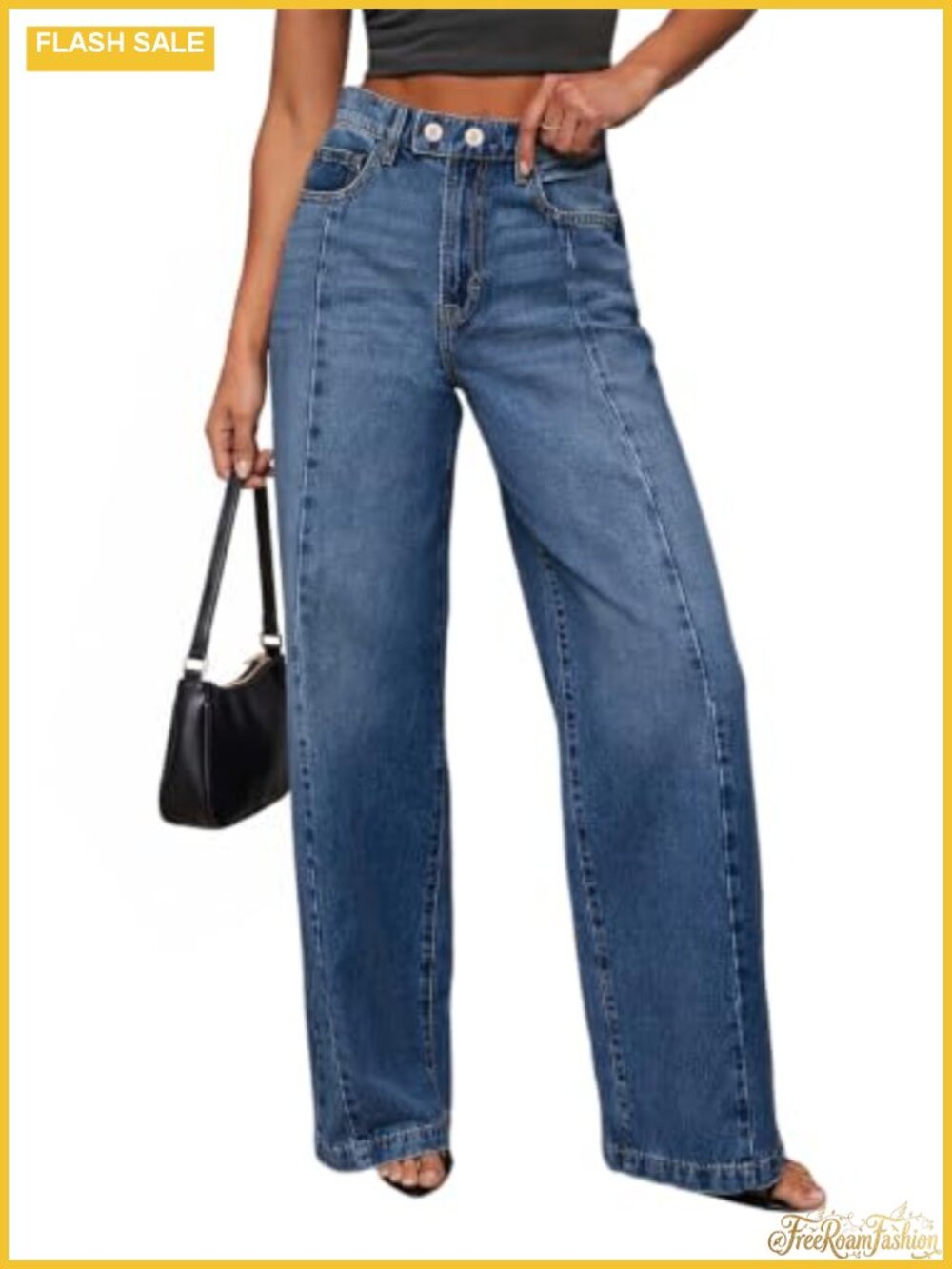 High Waisted Wide Leg Stretchy Denim Jeans with Front Seam